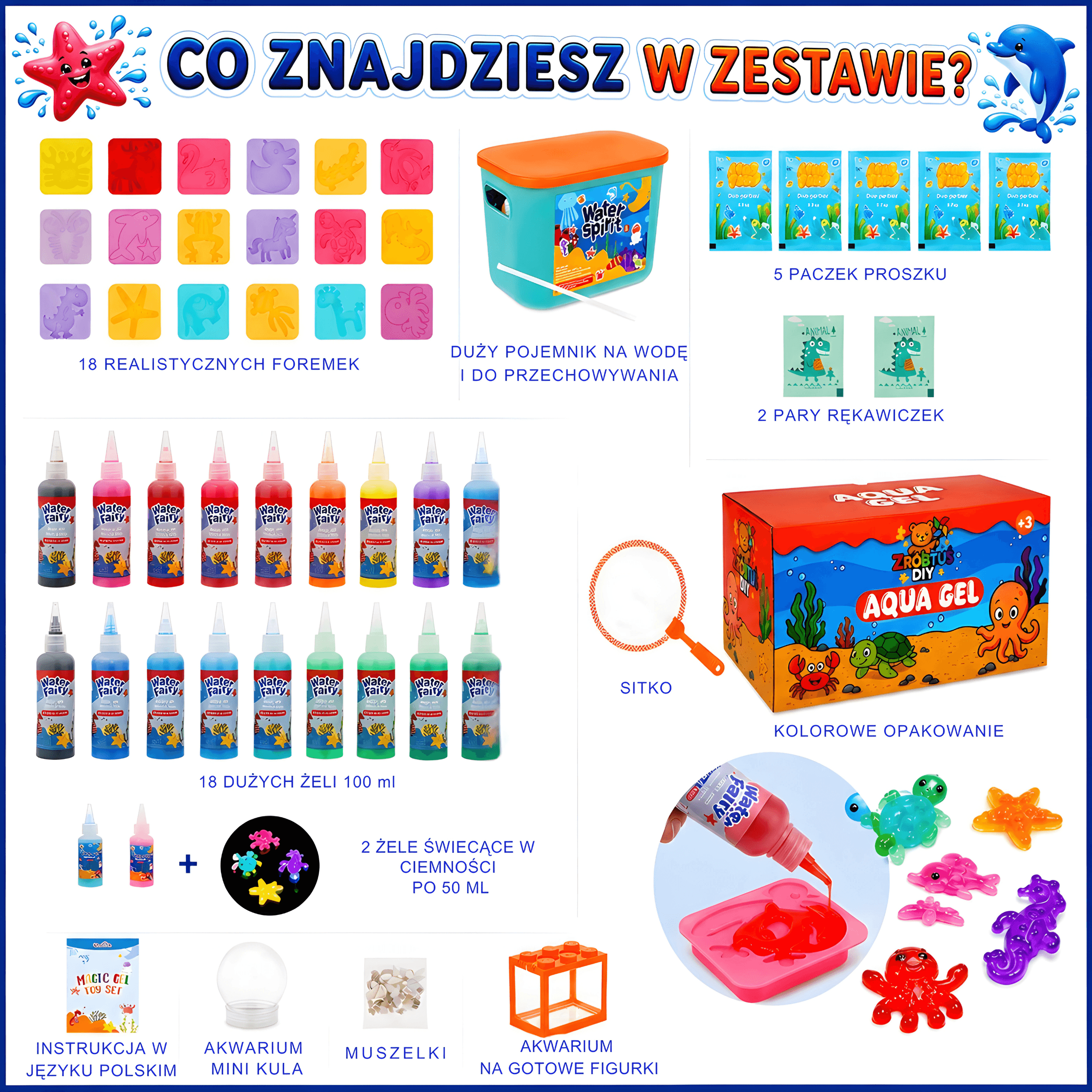 ZRÓBTUŚ DIY Aqua Gel zestaw 53el.- 18x wodne żele 100ml + 2x świecące żele 50ml + 18 foremek + (GRATIS)