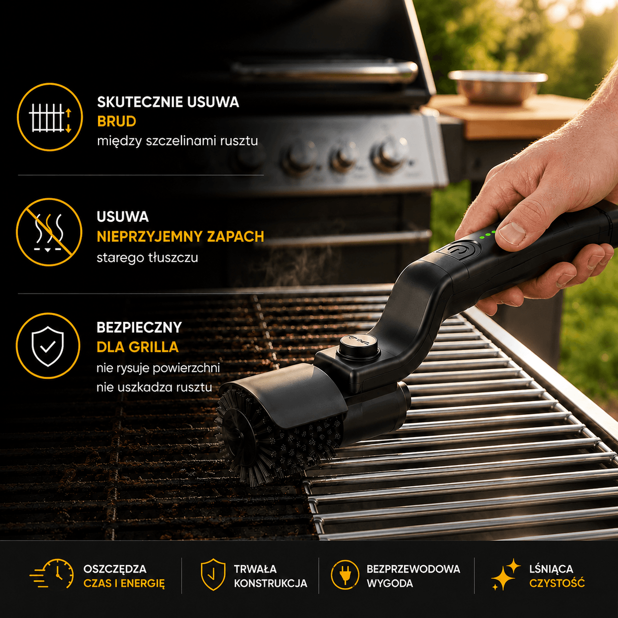 GRILLBRUSH- Elektryczna szczotka do czyszczenia grilla + 2 KOŃCÓWKI I RĘKAWICZKI GRATIS