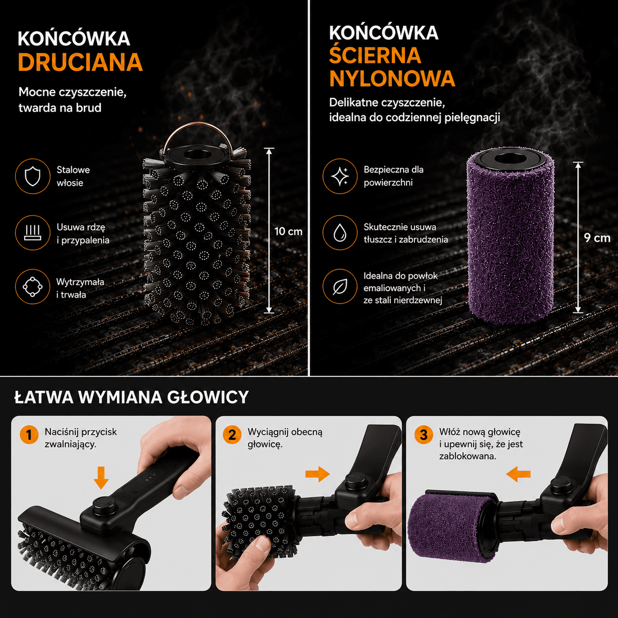 GRILLBRUSH- Elektryczna szczotka do czyszczenia grilla + 2 KOŃCÓWKI I RĘKAWICZKI GRATIS
